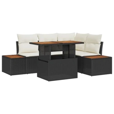 Afbeelding van vidaXL 5 delige tuinsofa set met kussens zwart poly rattan en acacia