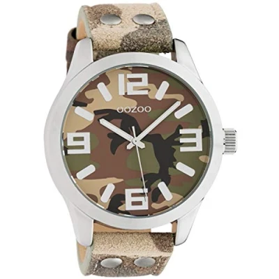 Afbeelding van OOZOO Timepieces Zilverkleurige horloge met camouflage leren band C1066