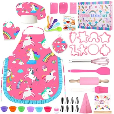 Afbeelding van MUOIVG Chef set Kook en bakset voor kinderen, keukenspeelgoedset rollenspel met schorten, koksmutsen, ovenhandschoenen eenhoornpatroon kinderkok, kinderkeukencadeau kinderen van 3 7 jaar