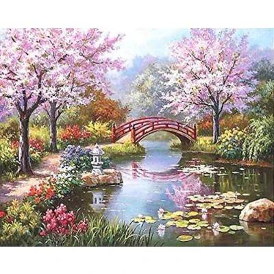 Afbeelding van Awesocrafts Nummerschilderijsets, Japanse tuin, kersenbloesembomen brug meer verf op nummer 16 x 20 inch voor volwassenen en kinderen (kersenbloesem, geen lijst)