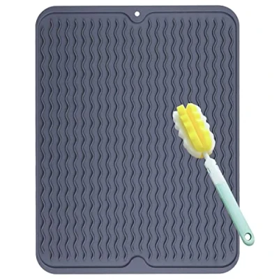 Afbeelding van Afdruipmat van siliconen, 50 x 40 cm, voor servies met reinigingsborstel, hittebestendig, antislip en grijs, donkergrijs