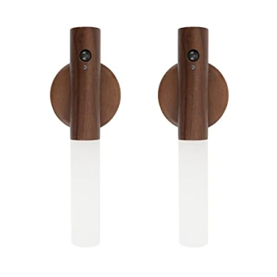 Afbeelding van 2 stuks JinsenTGG Wandlamp Houten, Indoor Nachtlampje met Bewegingssensor, Magnetische Oplaadbare Draadloze Batterij Wandlampen voor Slaapkamer, Hal, Trap, Kinderkamer en Meer (Walnoot)
