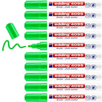 Afbeelding van edding 4095 Krijtmarker lichtgroen 10 krijtstiften ronde punt 2 3 mm krijtstift voor bord afwasbaar het beschrijven van ramen, glas, spiegel schoolbord met dekkende kleuren