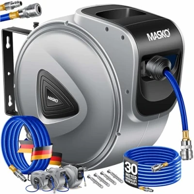 Afbeelding van MASKO® Persluchtslanghaspel automatische 1/4 aansluiting slanghaspel Slanghouder Persluchtslanghaspel, grijs, 30m