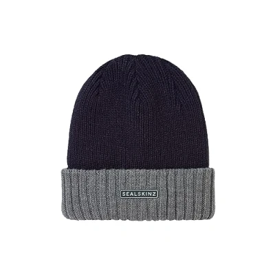 Afbeelding van SEALSKINZ Bacton waterdichte beanie muts voor koud weer met omgeslagen boord, marineblauw/grijs, XXL