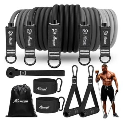 Afbeelding van Fitnessbandenset, 113 kg, 5 verschillende sterktes, weerstandsbanden, set met handgrepen, enkelriemen en deuranker, draagbare rugzak, voor binnen buiten