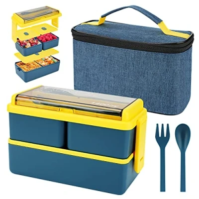 Afbeelding van 1400 ml lunchbox met 3 compartimenten 2 laags lekvrije Bento doos geïsoleerde tas en bestek, maaltijdvoorbereidingscontainer voor volwassenen kinderen studenten kantoor magnetron vaatwasser veilig beschikbaar (blauw)
