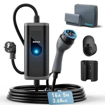 Afbeelding van bokman EV oplader Type 2 naar Schuko stekker, 5M / 3,68 kW 16A IP65 waterdicht, elektrische auto met LED indicatoren, oplaadkabel draagtas en microvezelhanddoek