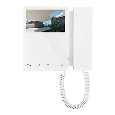 Afbeelding van Comelit mini monitor kleur met grondplaat en witte telefoon hoorn deuropener toets 6701w