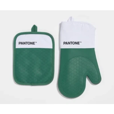 Afbeelding van Pantone™ Keukenset bestaande uit Ovenwant + Pannenlap, gemaakt van katoen met antislip siliconen handvat, nuttige keukenaccessoires, hittebestendig tot 250 C, wit/groen