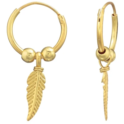 Afbeelding van JoyS Zilveren veer bedel oorbellen oorringen met kraaltjes 14k goudplating