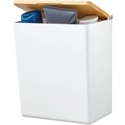 Afbeelding van tesa BABOO L Badkamerorganizer met bamboedeksel, matwit, badkameropbergdoos voor wandmontage zonder boren, inclusief powerstrips, XL 182 mm x 210 102