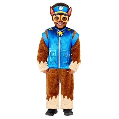 Afbeelding van Amscan Kinderkostuum Chase van Paw Patrol, pluche overall, serie, masker en rugzak, helper op vier poten, politiehond, themafeest, carnaval, meerkleurig, 104