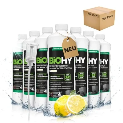 Afbeelding van BiOHY Vloerreiniger voor dweilrobot station met frisse geur (9 x 1 liter) + doseerder, reinigingsmiddel concentraat alle wis en robotstofzuigers natte functie, schuimarm streepvrij