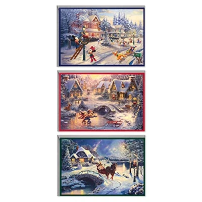 Afbeelding van Hallmark Thomas Kinkade Boxed kerstkaarten Assortiment, Mickey Mouse (3 ontwerpen, 24 met enveloppen)
