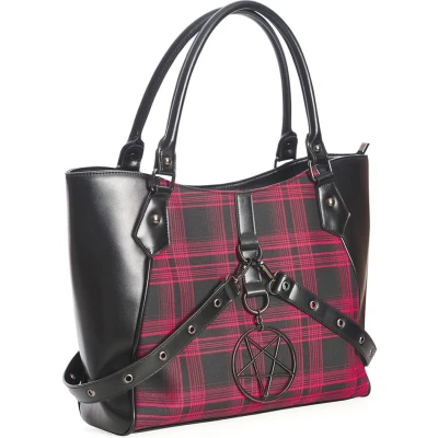 Afbeelding van Banned Schoudertas/Shopper Shopper met Pentagram hanger In Oblivion We Trust Rood tartan (bxhxd) ca. 42cm x 28cm 14cm
