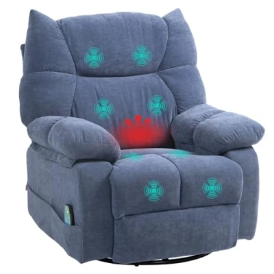 Afbeelding van HOMCOM Relaxstoel met massagefunctie, elektrische televisiestoel warmtefunctie, ligfunctie, draaibare massagestoel veersysteem, 4 zijzakken en afstandsbediening, blauw