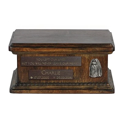 Afbeelding van Art Dog Custom Low Memorial Urn Handgemaakt koud gegoten bronzen portret op berkenbasis Gepersonaliseerde hondencrematiedoos 8,3x11,4x4,3 Langharige Shih Tzu