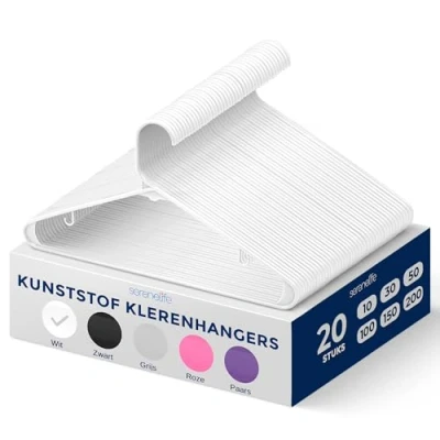 Afbeelding van SereneLife Kleerhanger Plastic Hangers Antislip Ruimtebesparende Kledinghangers 20 Stuks Duurzaam en Sterk voor Hemden, Truien, Hoodies, Kinderkleding Jurken Lichtgewicht Wit
