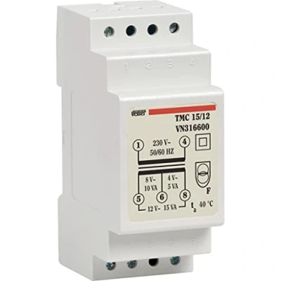 Afbeelding van VEMER VN316600 TMC 15/12 transformator 12 V voor continu gebruik, montage op DIN rail, vermogen 15 V, wit