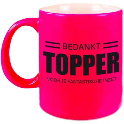 Afbeelding van Collega cadeau mok / beker neon roze bedankt topper voor je fantastische inzet afscheid/pensioen feest mokken