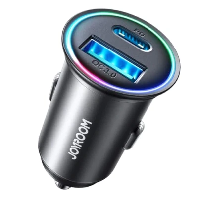 Afbeelding van Joyroom Mini Autolader Snellader USB C &amp; A 60W met LED Indicator Zwart