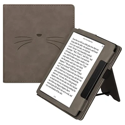 Afbeelding van kwmobile e reader hoesje compatibel met Amazon Kindle Oasis 10. Generation Ereader case van kunstleer Kat Miauw in grijs