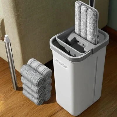 Afbeelding van JOYMOOP mop en emmer met wringerset, handsfree vlakke vloermop emmer, 8 wasbare microvezel pads verlengde mopsteel, nat droog te gebruiken