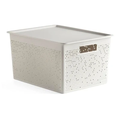 Afbeelding van TATAY Rechthoekige opbergdoos, 20 l, met houten deksel, polypropyleen, BPA vrij, 100% gerecyclede kunststof, wit, afmetingen 30,5 x 39,5 22 cm