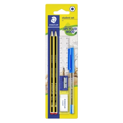 Afbeelding van Potlood Staedtler Noris HB blister à 2 stuks met balpen, gum, slijper en liniaal