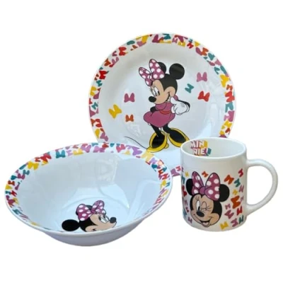 Afbeelding van 3 delige set van keramiek Minnie Disney kopje, kom, bord, servies voor kinderen, in verpakking