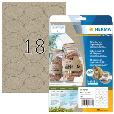 Afbeelding van HERMA 10763 universele etiketten, ovaal, 20 vellen, 63,5 x 42,3 mm, 18 stuks per A4 vel, 360 stickers, zelfklevend, bedrukbaar, mat, blanco zelfklevende etiketten van silphiepapier, natuurbruin