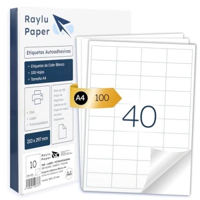 Afbeelding van Raylu Paper ® zelfklevende witte etiketten om af te drukken, papieren stickers op A4 vellen voor inkjetprinters, laser en fotokopieerapparaten, 40 per vel (48,5 x 25,4 mm)