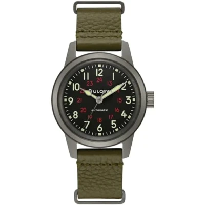 Afbeelding van Bulova Uniseks analoog automatisch horloge met echt leren armband 98A255, Kaki, Riemen.