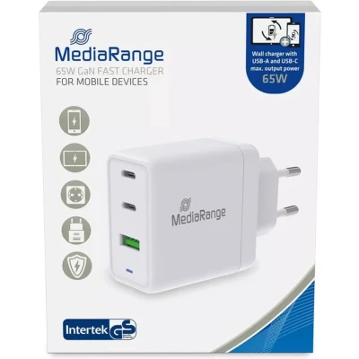 Afbeelding van MediaRange GaN oplaadadapter, 65 W, 3 poorts stekkeradapter met snellaadfunctie, 1 x USB A en 2 C uitgang, compatibel iPhone 13, 12, iPad Pro, AirPods Galaxy, S22, S21