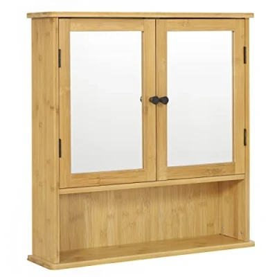Afbeelding van EUGAD badkamerkast van bamboe, met spiegeldeuren, 1 verstelbare plank en open vak, voor badkamer, keuken slaapkamer, 56 x 14 58 cm