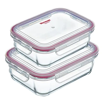 Afbeelding van Westmark 234222E6 Glazen vershouddozen, met clipdeksel, vulvolume: 370 ml + 640 ml, luchtdicht, diepvries en magnetronbestendig, ovenbestendig, BPA vrij, glas/kunststof/silicone, helder/rood