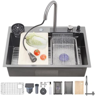 Afbeelding van Ribanedy 66 x 50 cm Donkergrijze Waterval Keuken Spoelbak, Enkele kom moderne roestvrijstalen keukengootsteen met uittrekbare watervalkraan, bekerwasmachine en spoelbakaccessoireset