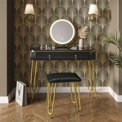 Afbeelding van Vicco Make uptafel set met kruk &quot;Grace&quot;, Zwart hoogglans, 100 cm LED verlichting en