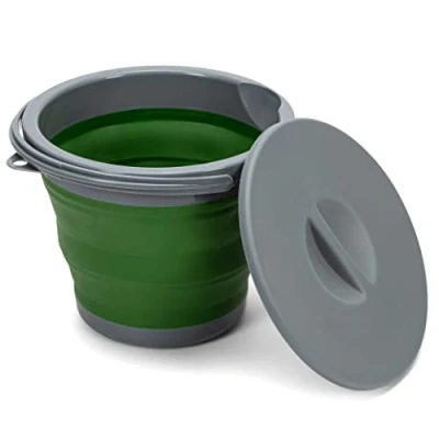 Afbeelding van Vouwemmer, 5 liter, met deksel en handvat, opvouwbare emmer, voor kamperen, vissen, poetsen enz. inklapbare kleine wateremmer, van plastic siliconen, in grijs/groen