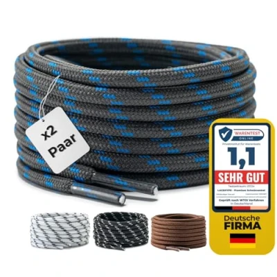 Afbeelding van LaceHype 2 paar premium ronde veters, diameter 4,5 mm, voor werkschoenen, laarzen, outdoorschoenen en sportschoenen, scheurbestendige schoenveters, vervangende schoenveters van polyester, donkergrijs/blauw, 150 cm