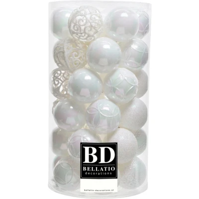 Afbeelding van 37x stuks kunststof kerstballen parelmoer wit 6 cm inclusief kerstbalhaakjes Kerstbal