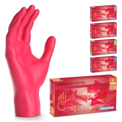 Afbeelding van ARNOMED wegwerphandschoenen rood, nitril handschoenen L, met 100 stuks per doos, poedervrij. Latexvrije rubber handschoenen, verkrijgbaar in XS, S, M, L &amp; XL