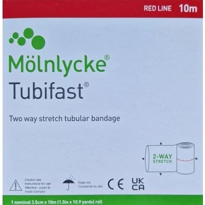 Afbeelding van Tubifast 2 way stretch elastisch buisverband Rood (10M x 3,5CM) Molnlycke Wit (Rood, Groen, Blauw, Geel, Paars) 92% viscose, 5% elasthaan en 3% polyamide In lengte breedte
