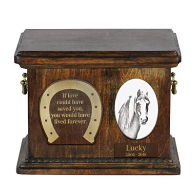Afbeelding van Art Dog Custom Horse Memorial urn Handgemaakte houten Gepersonaliseerde keramische plaat en gravure Duurzame langdurige 8,3x11,4x8,7 Viel Pony