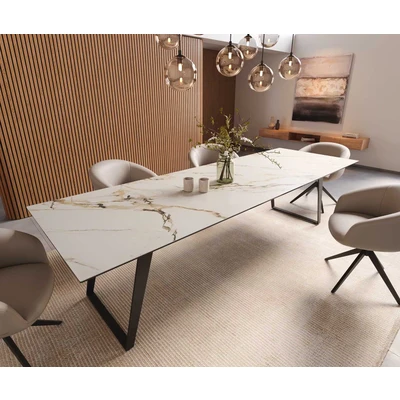 Afbeelding van DELIFE Eetkamertafel Edge 300x100 keramiek Calacatta Luxe wit goud grijs metaal schuin zwart