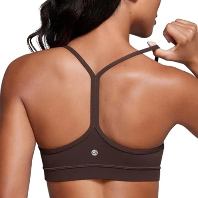 Afbeelding van CRZ Yoga Vrouwen Low Impact Strappy Gewatteerde Sport BH Y Racer Back Spaghetti Riemen Tops Hot Fudge Bruin L