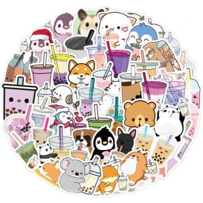 Afbeelding van VIVIIHOO Bubble Tea Stickerset, 100 stuks, schattige cartoonstickers voor albums, notitieboeken en scrapbooks, waterdicht zelfklevend, ideaal laptop, fiets, koffer enz.