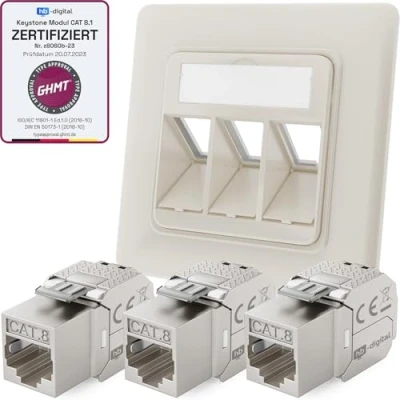 Afbeelding van hb digital Set: Netwerkdoos 3 Port RAL9010 zuiver wit + 3X Cat.8 Keystone RJ45 module Jack Inbouwdoos voudige aansluitdoos LAN Ethernet Socket Network Installation 2000MHz 40 Gbit/s STP