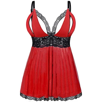 Afbeelding van EVELIFE Vrouwen Sexy Plus Size Babydoll Jurk Kanten Lingerie Chemise Nachtkleding Set met G String(Rood, 4XL)